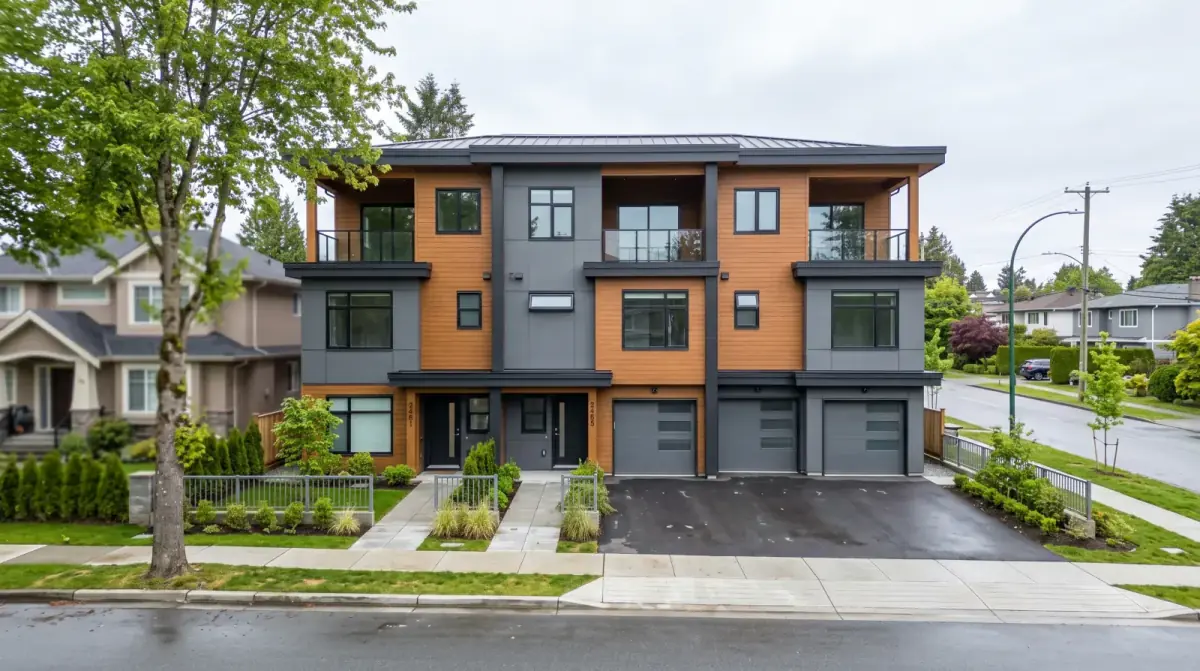 A modern multiplex building on a residential lot in Burnaby