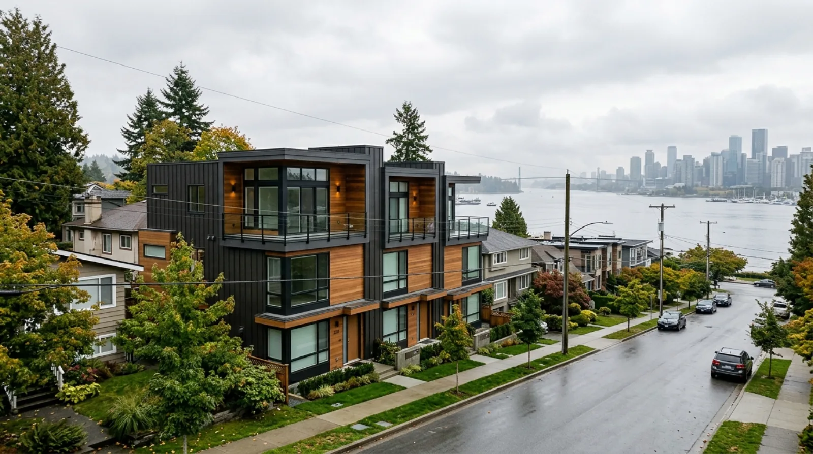 A contemporary three-storey multiplex on a residential street in the City of North Vancouver, with Burrard Inlet behind