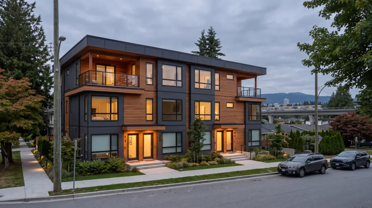 A contemporary four-unit multiplex on a residential street in Coquitlam, BC, with a SkyTrain guideway visible in the background