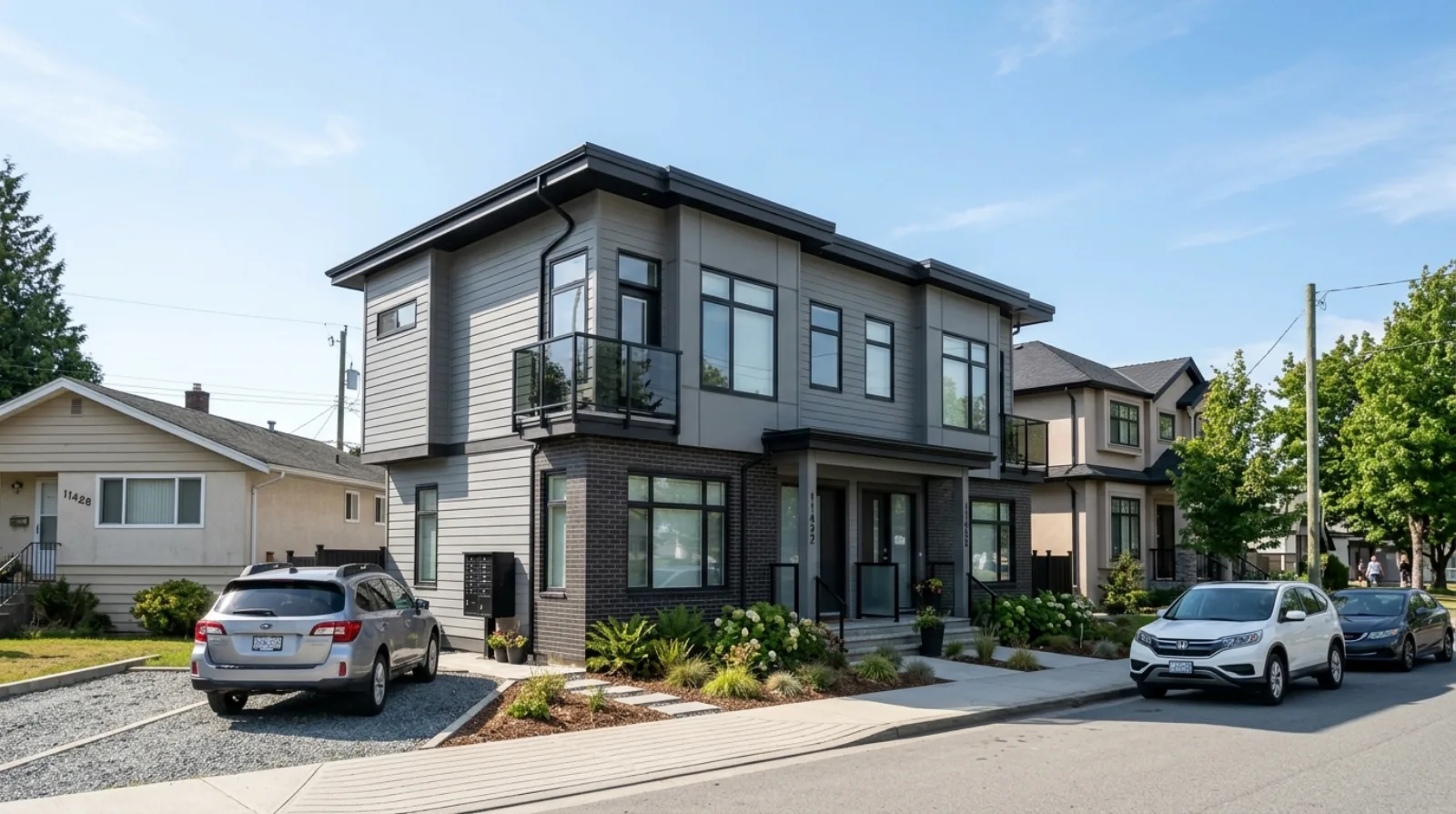 A modern four-unit multiplex on a residential street in Delta, British Columbia