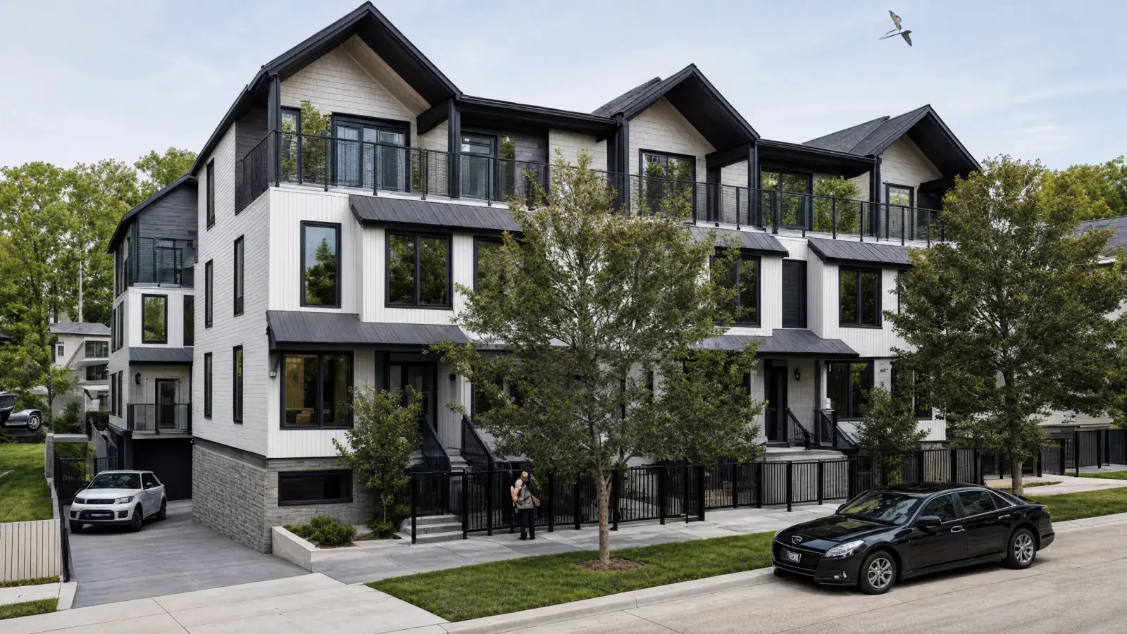 Row of modern grey multiplex homes in Metro Vancouver and the Fraser Valley