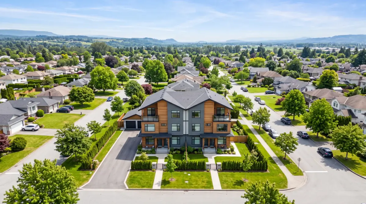 A contemporary fourplex on a spacious suburban lot in Langley Township, BC, surrounded by mature trees and green lawns