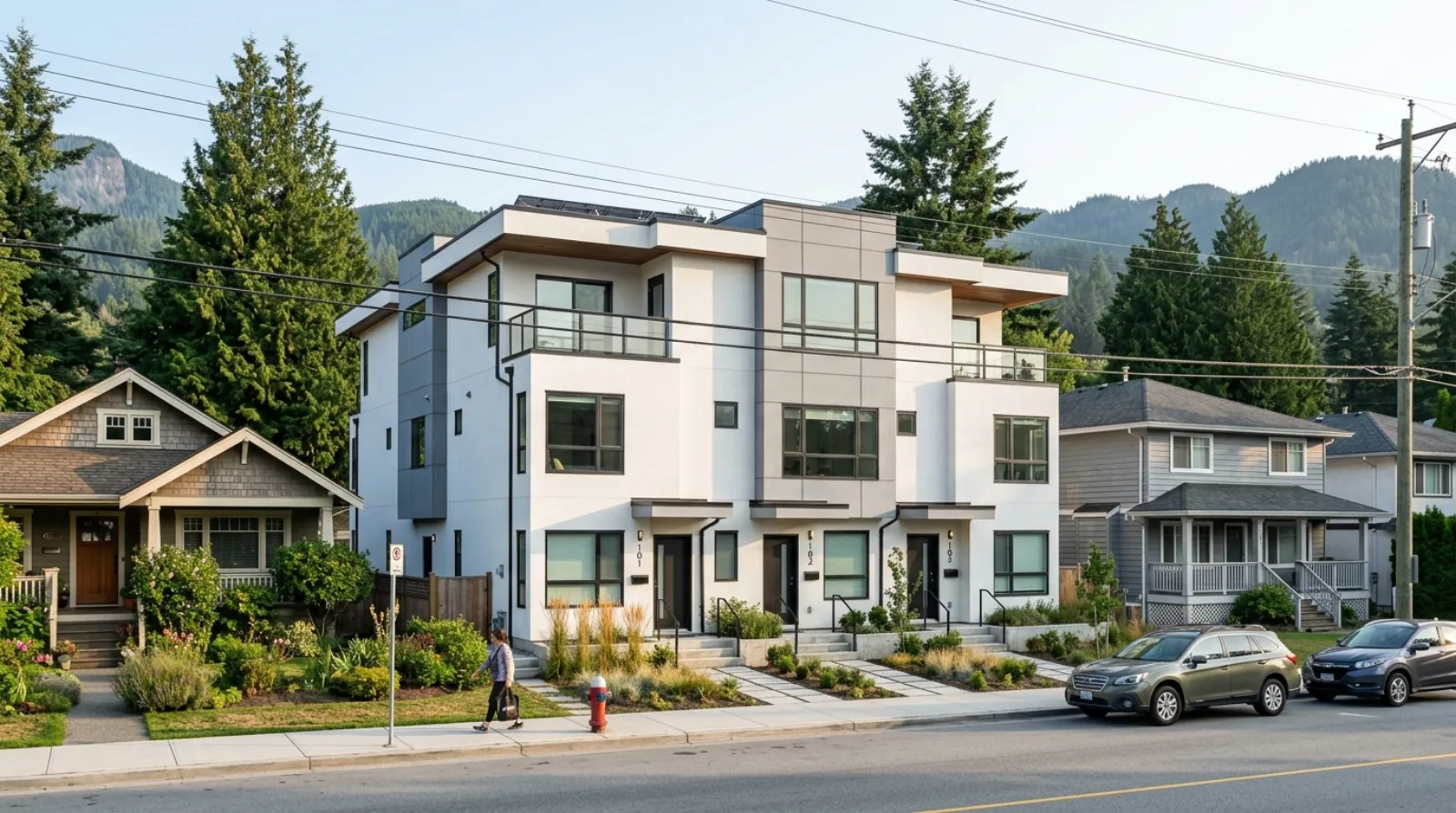 A contemporary fourplex on a wide suburban lot in Maple Ridge, British Columbia
