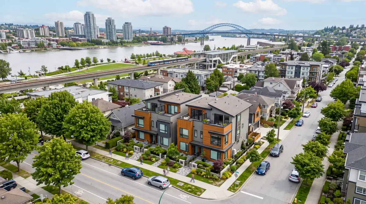 Aerial view of a contemporary multiplex in New Westminster with the Fraser River, SkyTrain elevated guideway, and Pattullo Bridge visible in the background