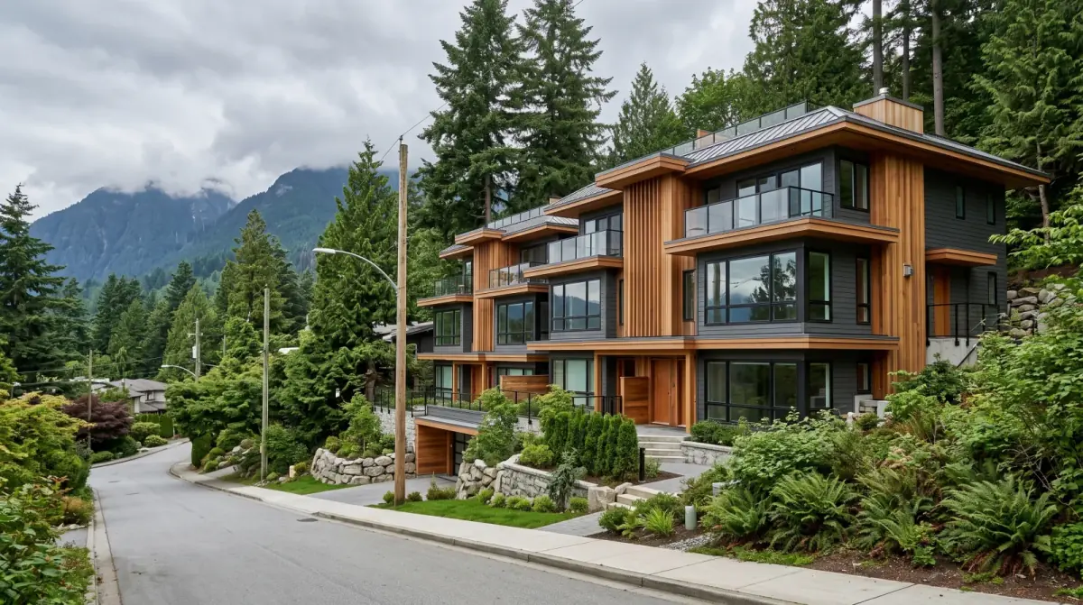 A contemporary multi-unit residential building on a hillside street in the District of North Vancouver, with the North Shore mountains behind Douglas fir trees