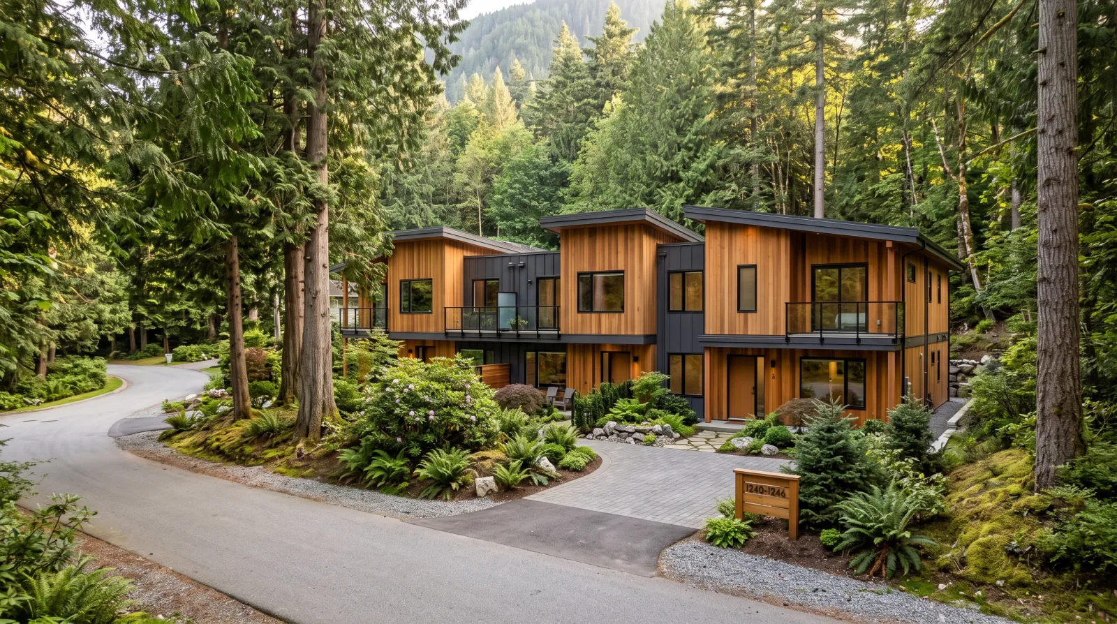 A contemporary multiplex on a large lot along a forested cul-de-sac in Blueridge, District of North Vancouver, at the base of Mount Seymour