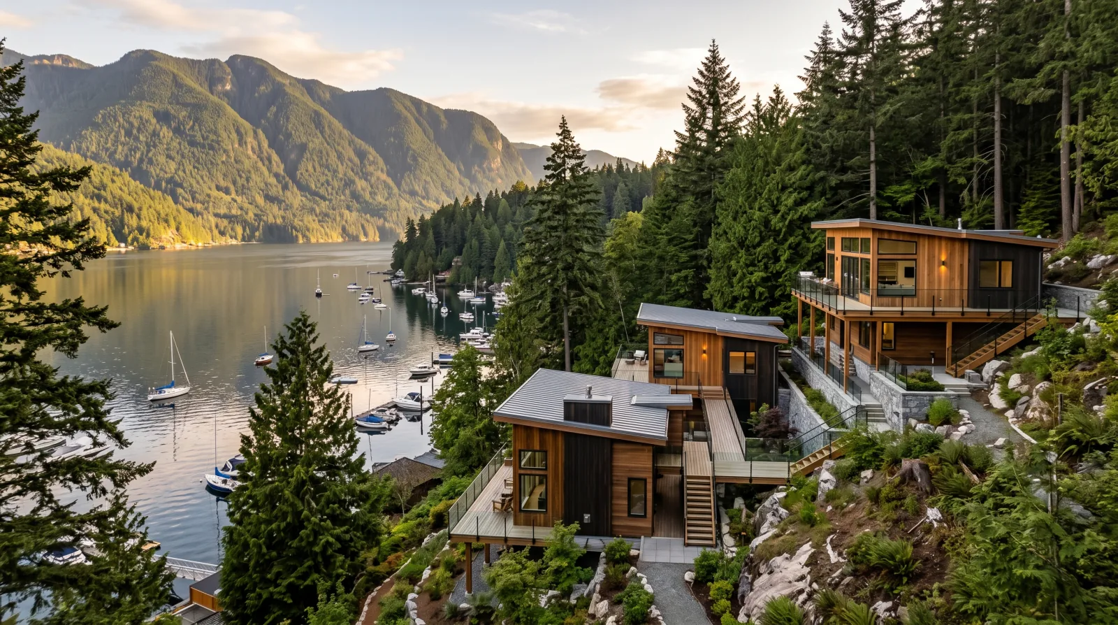 A small contemporary multiplex on a steep treed lot above Indian Arm in Deep Cove, District of North Vancouver, with boats on the water below