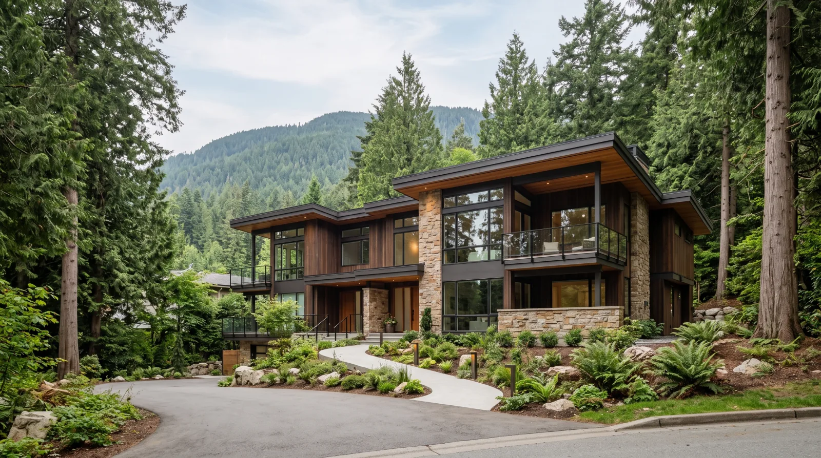 A contemporary multiplex on a large treed lot near Edgemont Village, District of North Vancouver, with mature evergreens and mountain backdrop