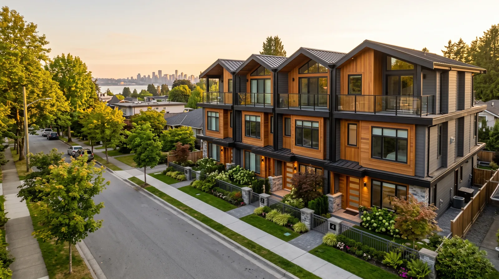 A new three-storey multiplex on a residential street in Lonsdale, North Vancouver, with Burrard Inlet visible in the background