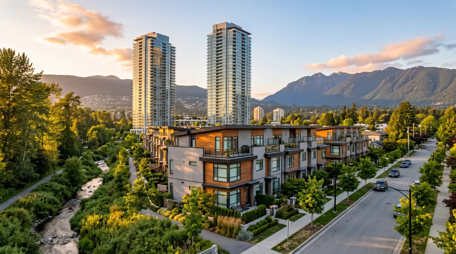 A modern townhome multiplex on a Lynn Creek street in the District of North Vancouver, with the Seylynn Village towers and North Shore mountains behind