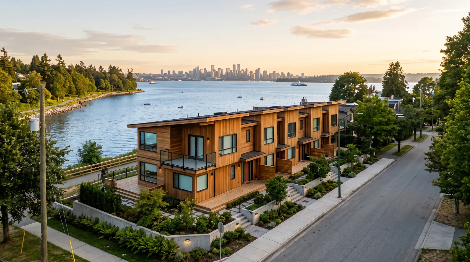 A ground-oriented multiplex on a residential block in Marine-Hamilton, the waterfront edge of the City of North Vancouver, with Burrard Inlet and the downtown skyline behind