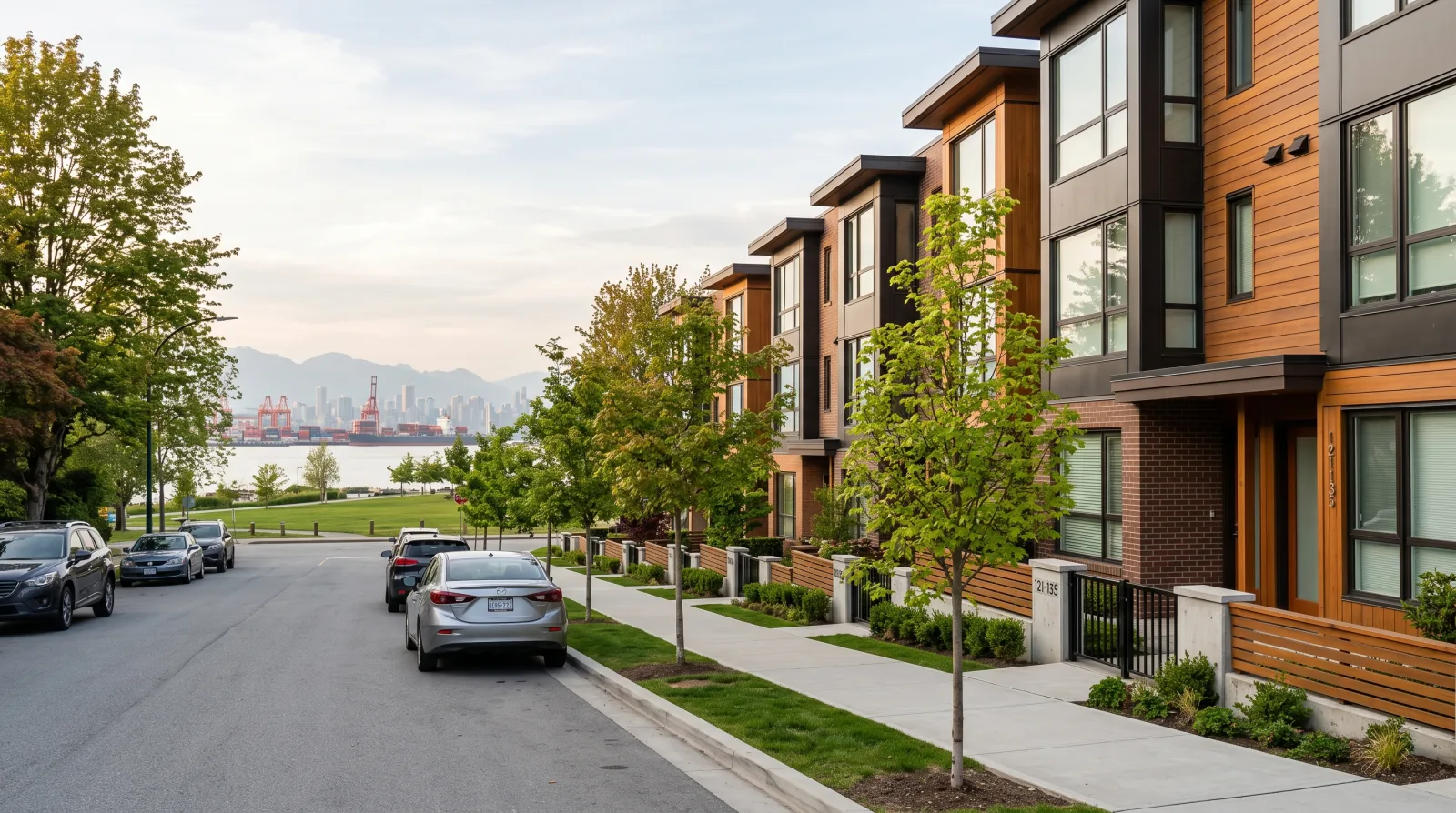 Ground-oriented townhouses on a tree-lined street in Moodyville, North Vancouver, with Burrard Inlet behind