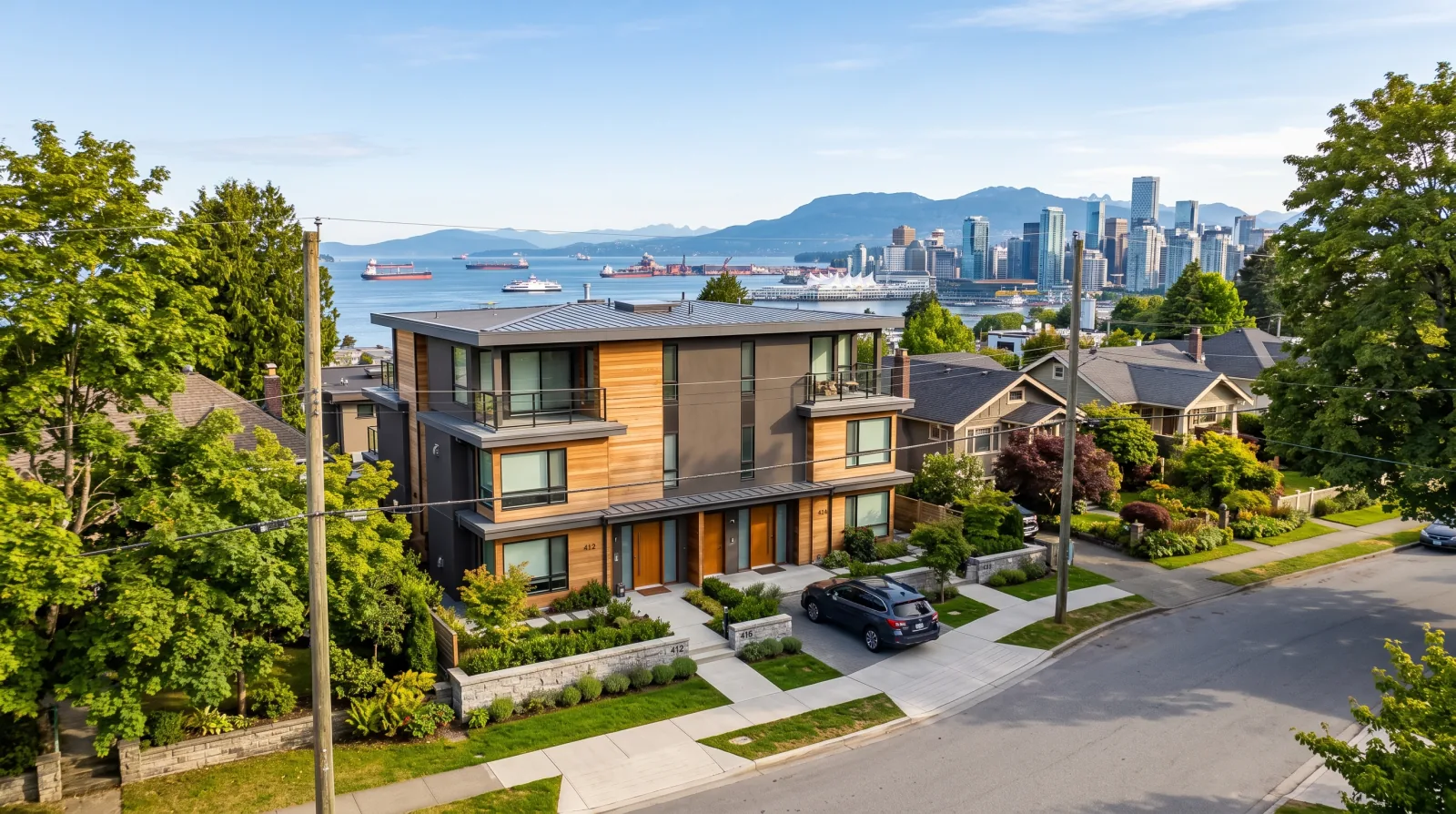 A contemporary multiplex on a flat plateau street in Pemberton Heights, District of North Vancouver, with the downtown Vancouver skyline and harbour in the distance