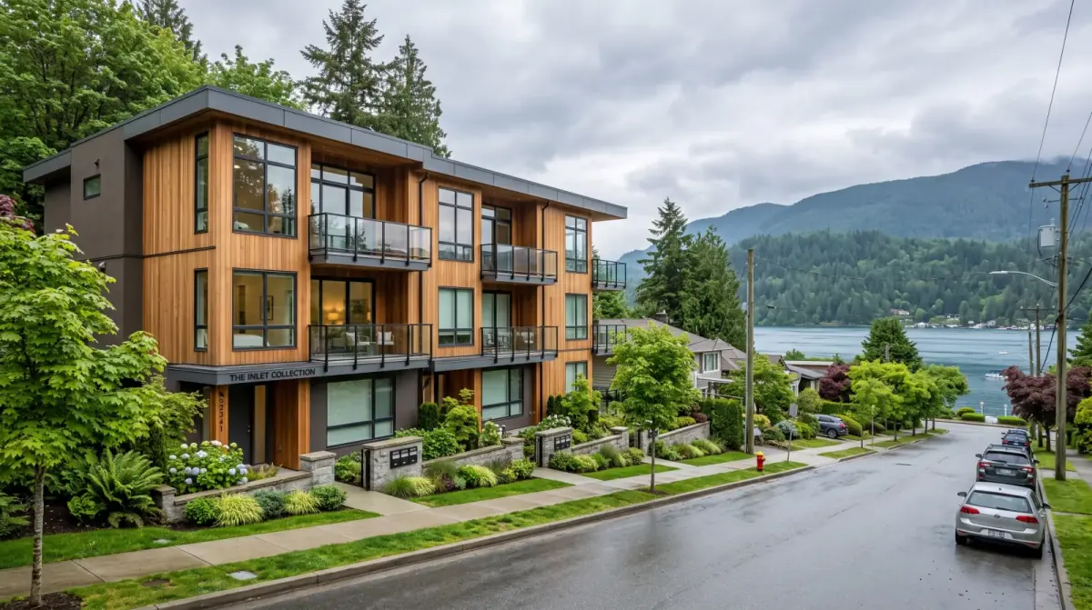 A three-storey wood-frame multiplex on a residential street in Port Moody with Burrard Inlet visible in the background