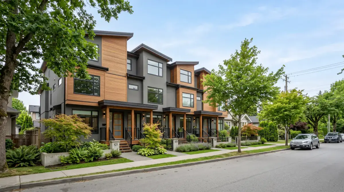 A row of new townhomes on a residential street in Richmond, BC
