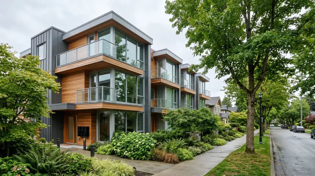 A contemporary multiplex on a tree-lined residential street in Vancouver