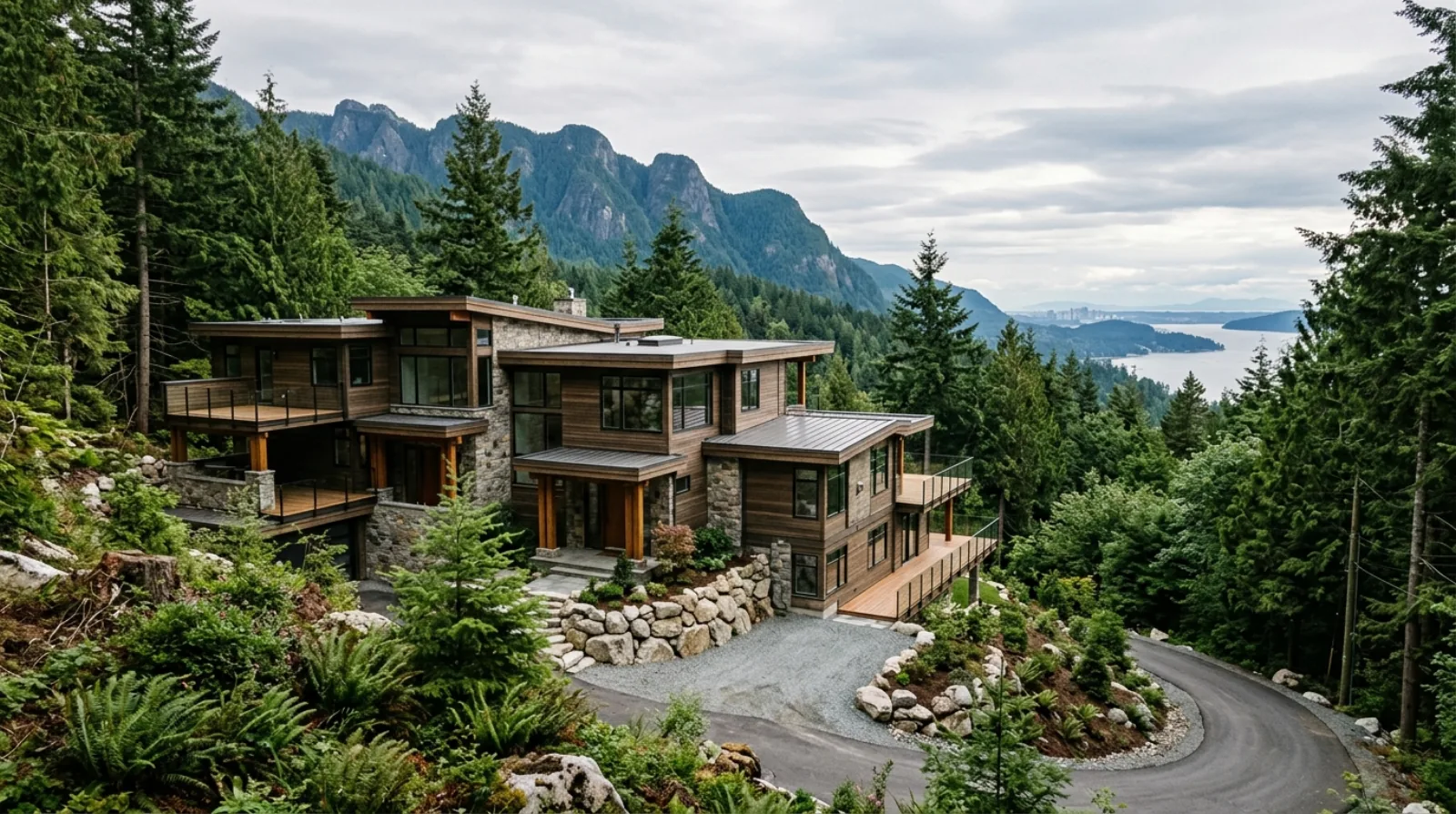 A large hillside lot in West Vancouver with mature trees, framed for a future multiplex development