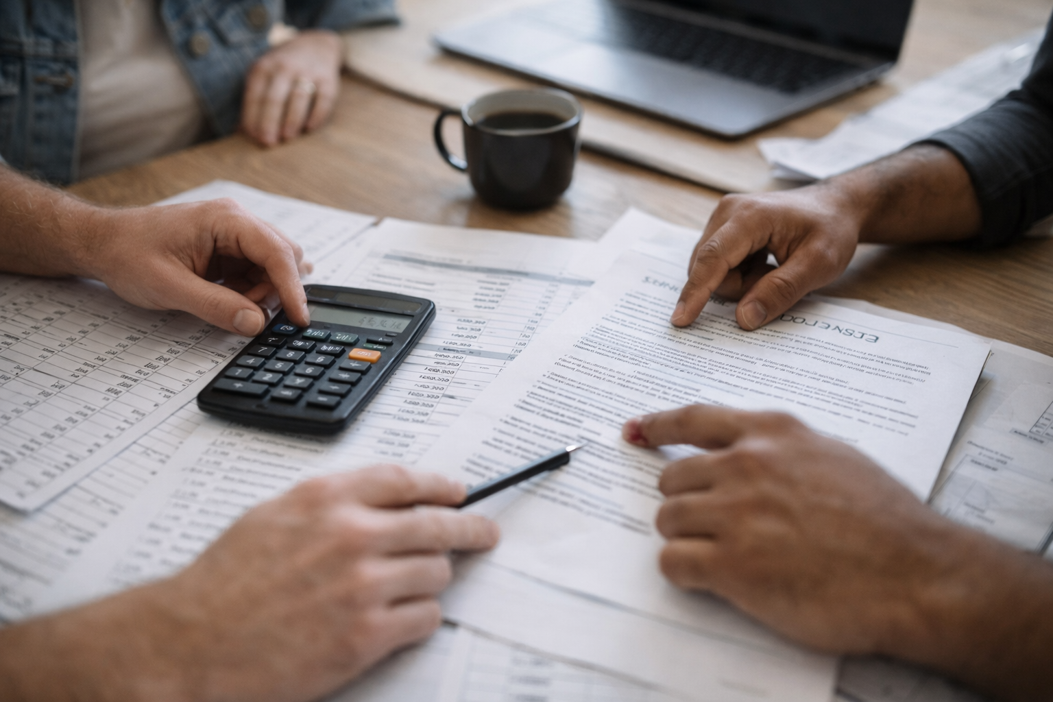  Hands reviewing a renovation budget and cost spreadsheet with a calculator and documents on a table.