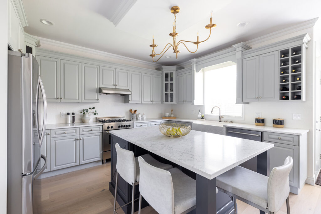 Kitchen Island with Seating and Parisian Inspired Finishes