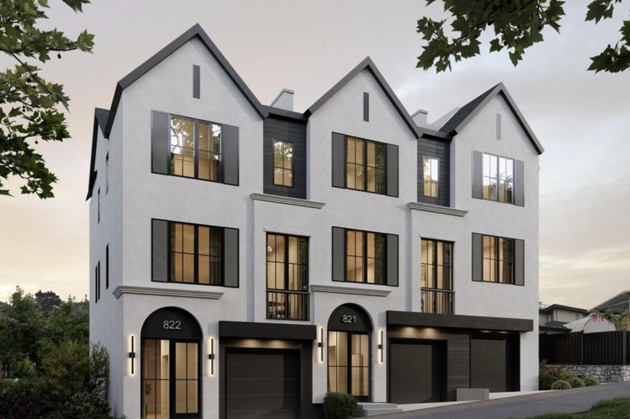 Brick duplex multiplex development rendering in Vancouver with tall windows and contemporary detailing