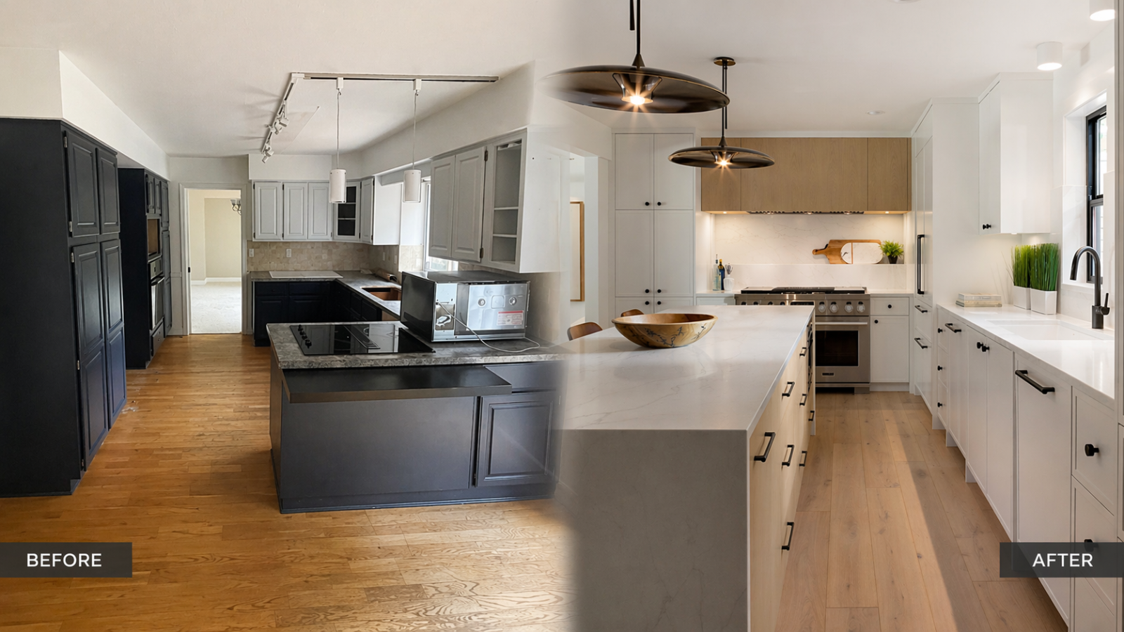 Crescent Beach kitchen renovation before and after showing the transformation into an award-winning renovated kitchen