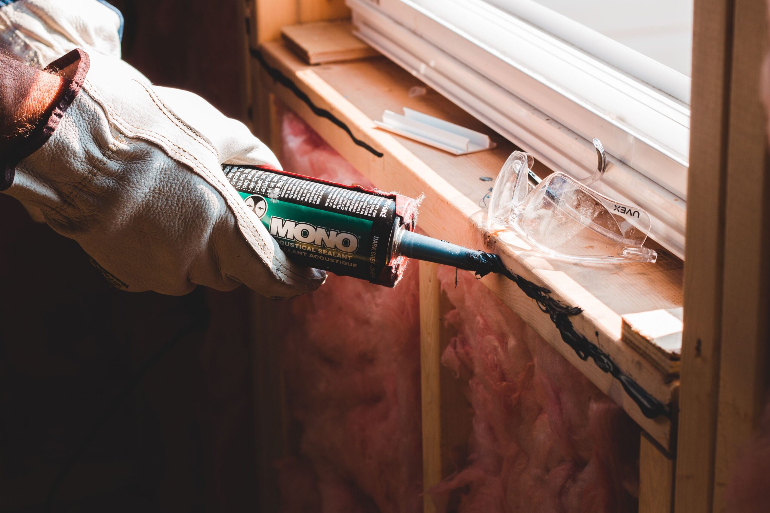 Applying acoustical sealant around a window frame to air-seal the building envelope during construction