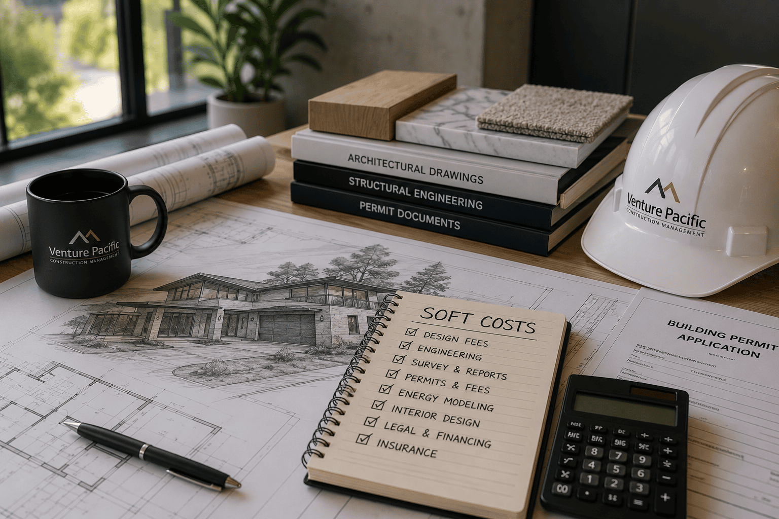 Soft costs custom home planning with architectural drawings, budgeting documents, and pre-construction coordination materials for a custom home project in Vancouver.